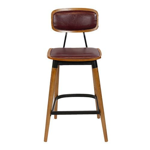 Barhocker "Studo" aus bordeaux rotem Kunstleder und Gestell aus Eiche und Metall