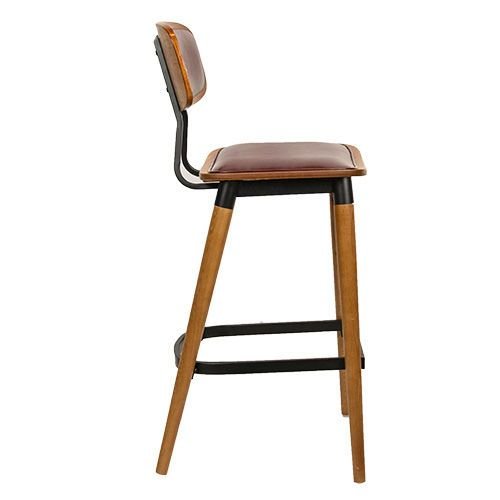 Barhocker "Studo" aus bordeaux rotem Kunstleder und Gestell aus Eiche und Metall