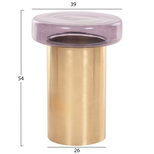 Runder Beistelltisch Carmo, violette Glasplatte, goldener Metallsockel, Φ39Χ54Hcm