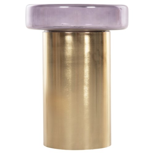 Runder Beistelltisch Carmo, violette Glasplatte, goldener Metallsockel, Φ39Χ54Hcm