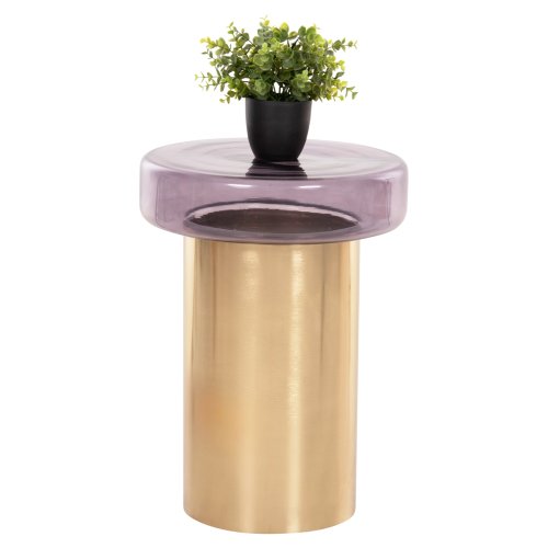 Runder Beistelltisch Carmo, violette Glasplatte, goldener Metallsockel, Φ39Χ54Hcm