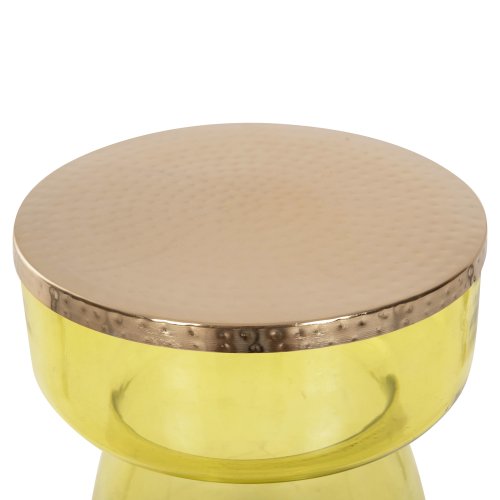 BEISTELLTISCH RANE HELLGRÜNES GLAS, METALLPLATTE IN GOLD, Φ36x47Hcm