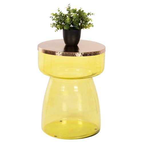 BEISTELLTISCH RANE HELLGRÜNES GLAS, METALLPLATTE IN GOLD, Φ36x47Hcm