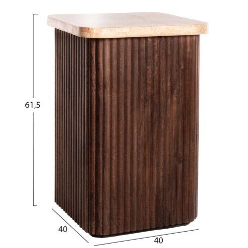 BEISTELLTISCH QUADRATISCH GLADYS MASSIVES MANGOHOLZ-WEISSER TRAVERTIN 40x40x60Hcm