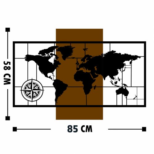 Wand Dekoration aus Holz mit Metall Weltkarte 85Χ58cm