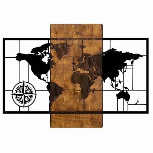 Wand Dekoration aus Holz mit Metall Weltkarte 85Χ58cm