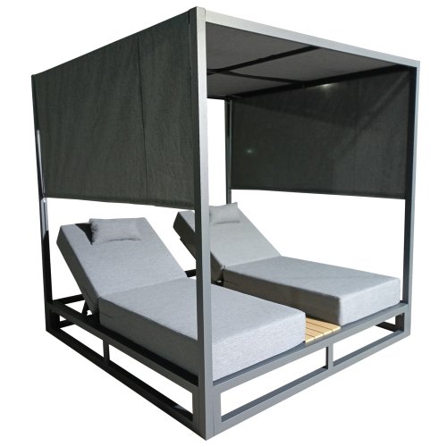 DOUBLE LOUNGE SUNBEDS IN A CUBE WITH SUNSHADES ALUMINUM IN GREY 2x2x2m