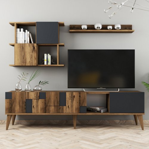 MELAMIN-FERNSEHMÖBEL AUS NUSSBAUM UND ANTHRAZIT 180x33,8x48,6cm