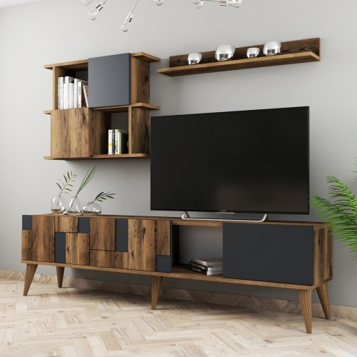 MELAMIN-FERNSEHMÖBEL AUS NUSSBAUM UND ANTHRAZIT 180x33,8x48,6cm