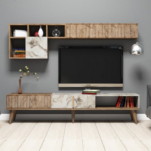 MELAMIN-FERNSEHMÖBEL IN NUSSBAUM UND WEISS 180x35x40cm