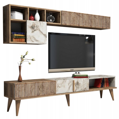 MELAMIN-FERNSEHMÖBEL IN NUSSBAUM UND WEISS 180x35x40cm