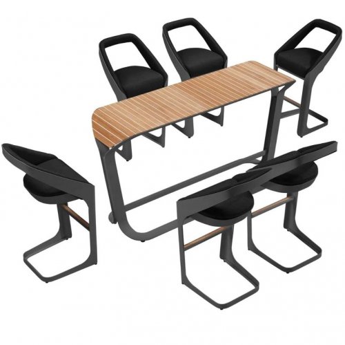 Outdoor Bar Esstisch Set "Onda" 7-teilig aus Anthrazitfarbendem Aluminium und Teakholz