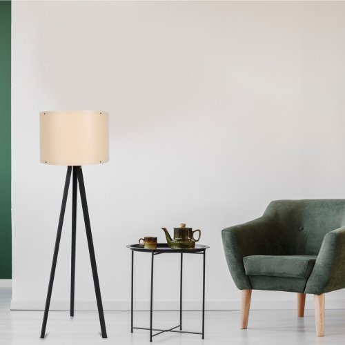 Stehlampe aus Holz in schwarz mit Hut in ecru Φ38x145 cm