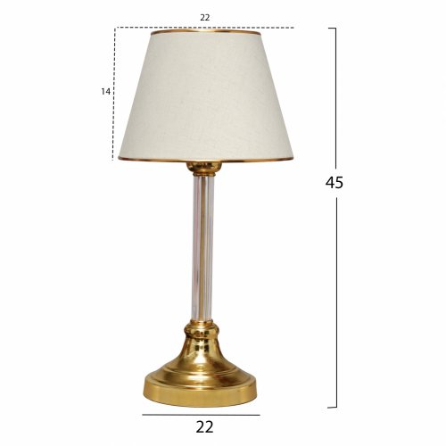 Tischlampe aus goldenem Boden und ekru Schirm mit Glassröhre 45cm Höhe