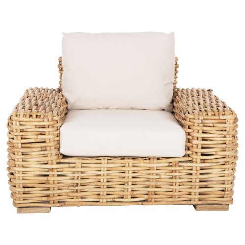 OUTDOOR LOUNGER MANGO WOOD IN NATURAL-WHITE CUSHIONS 110x88x70-85Hcm