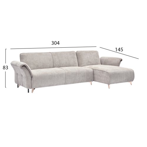 ECKSOFA MIT WENDBAREM SCHLAFMODELL MAILO, BEIGE STOFF, METALLBEINE 300 x 150 x 80 cm
