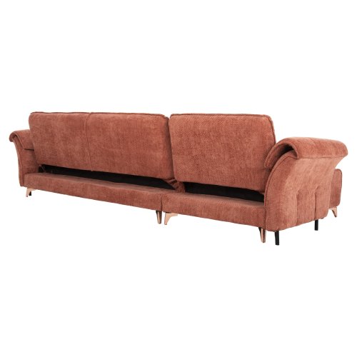 ECKSOFA MIT WENDBAREM SCHLAFMODELL MAILO, ORANGE STOFF, METALLBEINE 300x150x80Hcm