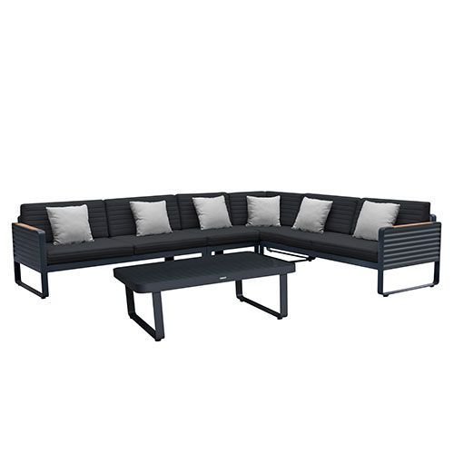 LOUNGE ECK-SET "AIRPORT" 6-TELIG IN SCHWARZ AUS ALUMINIUM UND TEAK