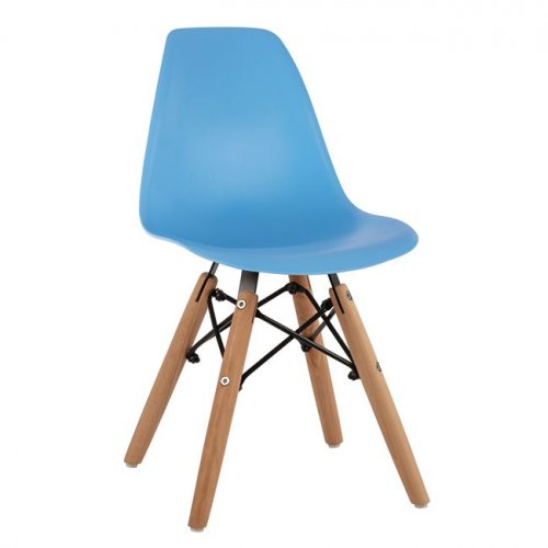 Stuhl "Twist Kid" mit Holzbeinen und blauem PP Sitz