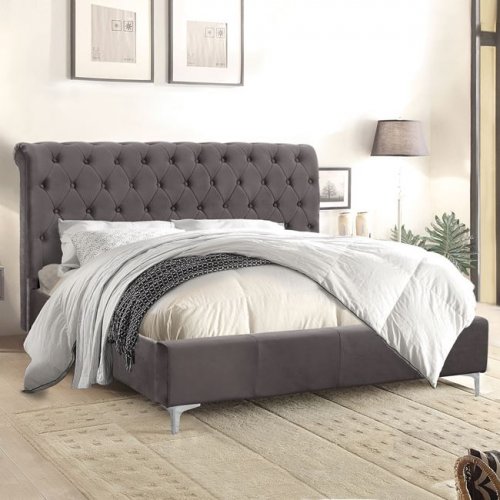 Doppel-Bett Queen 150x200 aus grauem Samt 160x219x94cm