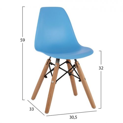 Stuhl "Twist Kid" mit Holzbeinen und blauem PP Sitz