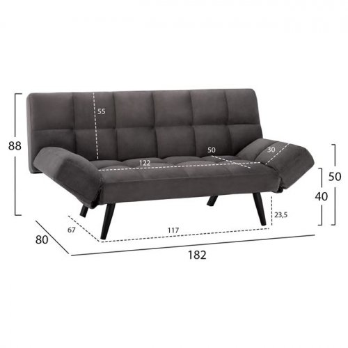Sofa-Bett 3 Sitzer aus grauem Samt 182x80x88cm
