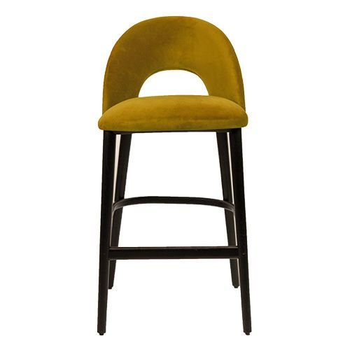 "Jyll" bar stool made of yellow gold velvet and legs made of black solid beech