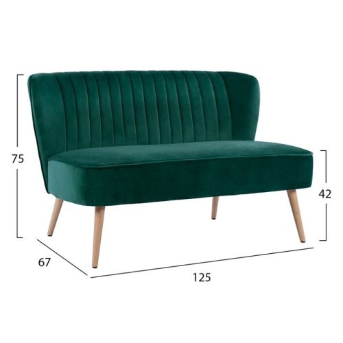 Zweisitzer ANDY Sofa mit Samtstoff in Farbe Grün und Holzbeinen in Naturton.