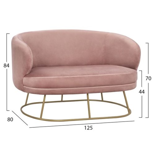 Two-seater ARIEN sofa in rosé color with a gold metal base