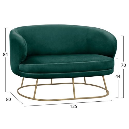 ARIEN Zweisitzer-Sofa in Farbe Grün mit goldener Metallbasis.