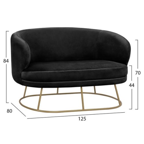 ARIEN two-seater sofa in black velvet with gold metal base