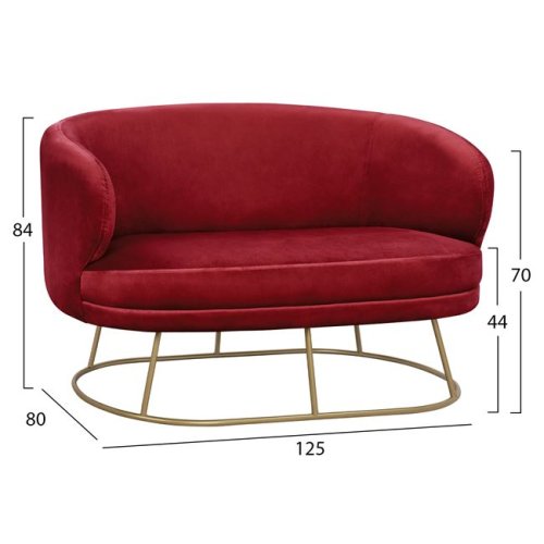 ARIEN two-seater sofa in red with a gold metal base.