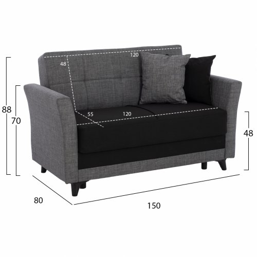 SCHLAFCOUCH 2 SITZ RHONA GRAU-SCHWARZ MIT STAURAUM 150x88x80