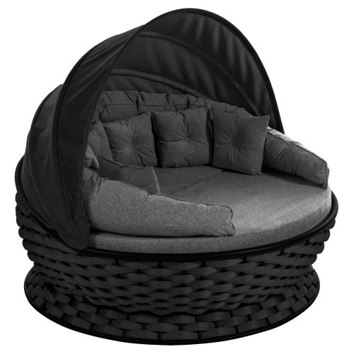 DAYBED 2-SEATER ROUND METAL- FOAM ROPE WITH SUNSHADE BLACK