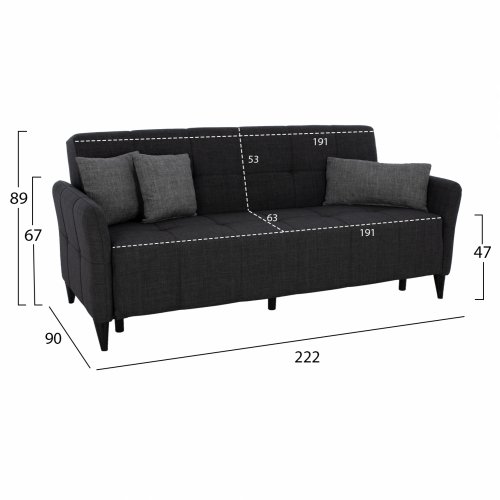 SOFA 3 SITZ "GALILEO" GRAU MIT SCHWARZEN BEINEN 222x90x89 cm