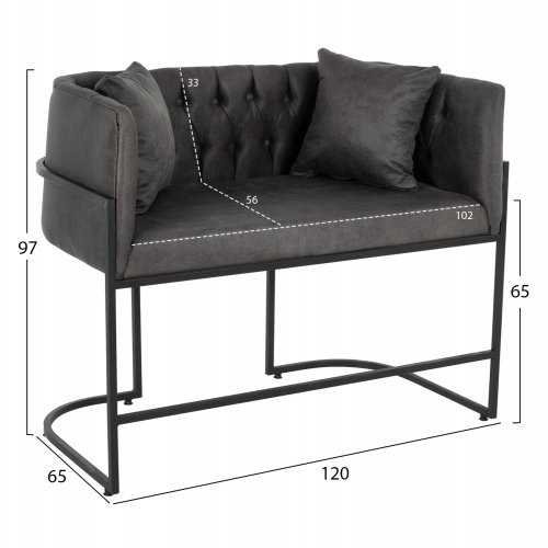 SOFA 2-SITZER IN GRAU T.NUBUK & METALL SCHWARZ 64x120x97 cm