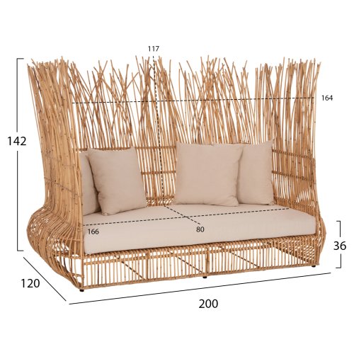 SOFA OUTDOORS ZEPHYR RATTANSTÜCKE IN NATUR – KISSENSET IN BEIGE 200x120x142Hcm