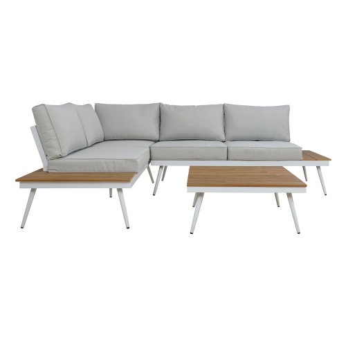 Corner sofa with large fabric cushions in gray