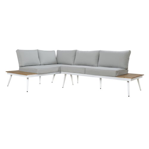 Corner sofa with large fabric cushions in gray