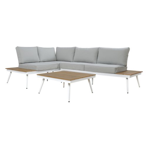 Corner sofa with large fabric cushions in gray