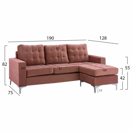 SOFA ECKE REVERSIBLE SANTINO SAMT ROTEN APFEL 190x75-128x82Y cm.