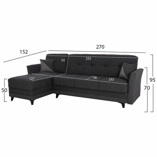 ΚΑΝΑΠΕΣ ΓΩΝΙΑ JOSH ΣΕ ΧΡΩΜΑ ΣΚΟΥΡΟ ΓΚΡΙ 270x152x95 εκ.