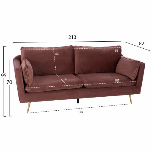 KAREN SOFA 3 SITZ ROSE SAMT & METALL FÜßE IN GOLD 213x82x95cm WW3136.32