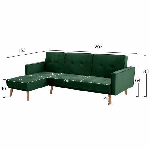 SOFA BED CORNER REVERSIBLE TALIA VELVET DARK GREEN 267x153x85 cm. WW3153.03