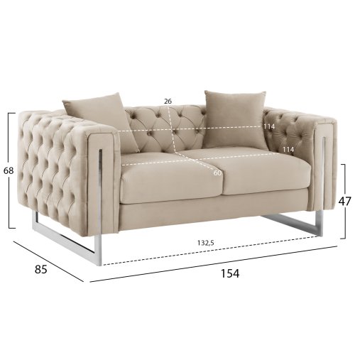 SOFA 2-SITZER t.CHESTERFIELD MOBAR CREME SAMT-METALLBEINE 154x85x68Hcm