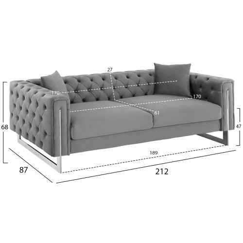 SOFA 3-SITZER t.CHESTERFIELD MOBAR GRAU SAMT-METALLBEINE 212x87x68H cm