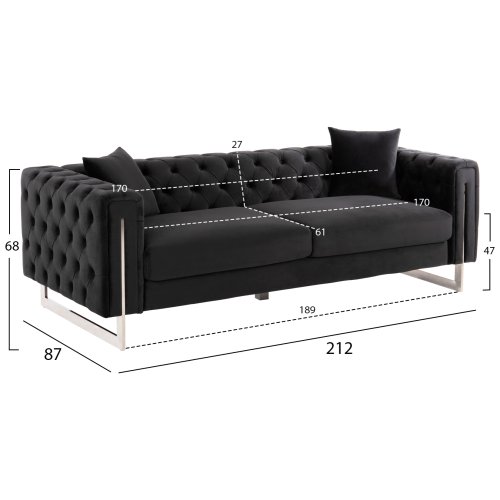 SOFA 3-SITZER t.CHESTERFIELD MOBAR SCHWARZ SAMT-METALLBEINE 212x87x68H cm