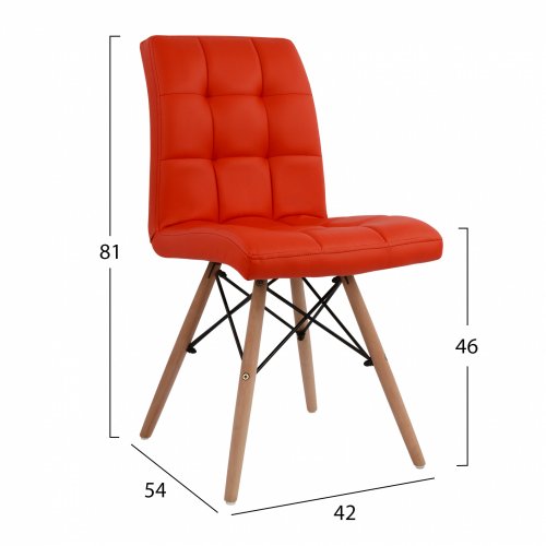 Design Stuhl ROSA mit Massivholz Beinen und Kunstleder, in Rot