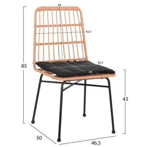 ESSZIMMERSTUHL SCHWARZES METALL MIT KISSEN-GEFLECHT IN BEIGE 46,5x50x85Hcm