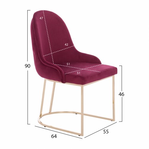 CHAIR LILIANA MADE OF BORDEAUX VELVET WITH METAL GOLD BASE 55x64x90 cm